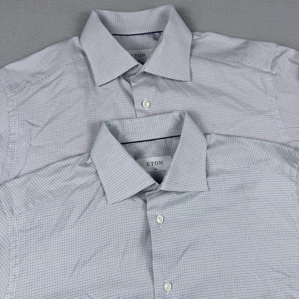 Lot of 2 Eton Slim Long Sleeve Button Shirt Men 40/15.75 (L) Grid Check Plaid - Picture 1 of 11